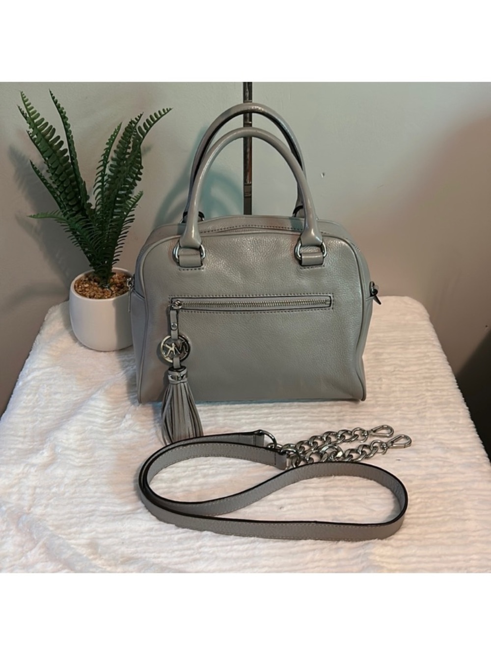 MICHAEL Michael Kors Gray Leather Dome Satchel with Tassel